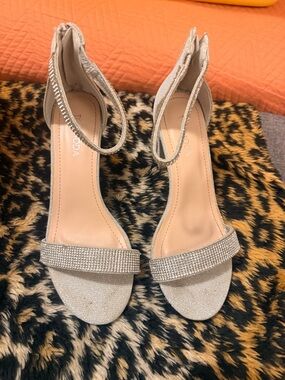 Moda Glitter Rhinestone Ankle-Strap Heels in Champagne